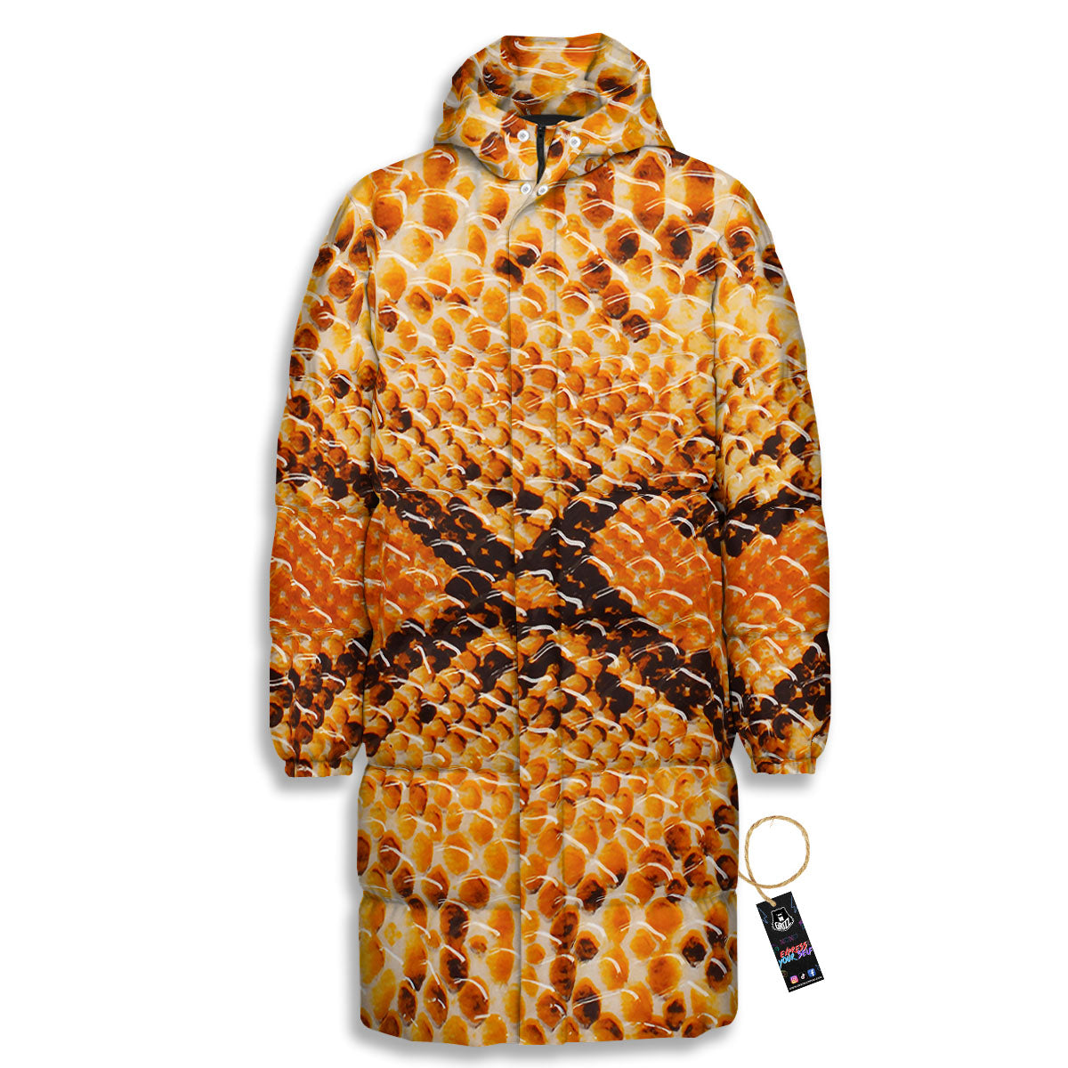Snakeskin Yellow And Brown Print Long Down Jacket-grizzshop