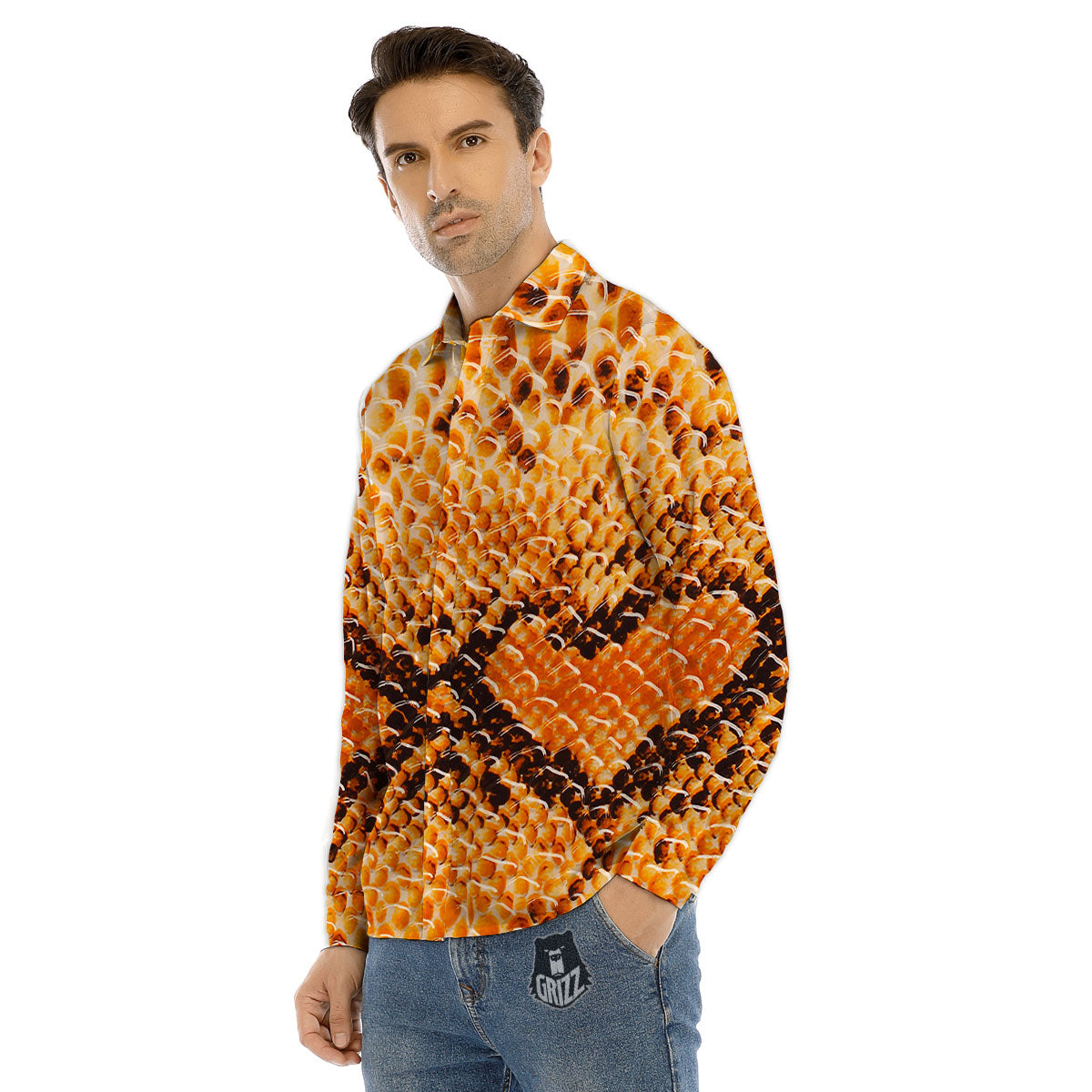 Snakeskin Yellow And Brown Print Men's Dress Shirts-grizzshop