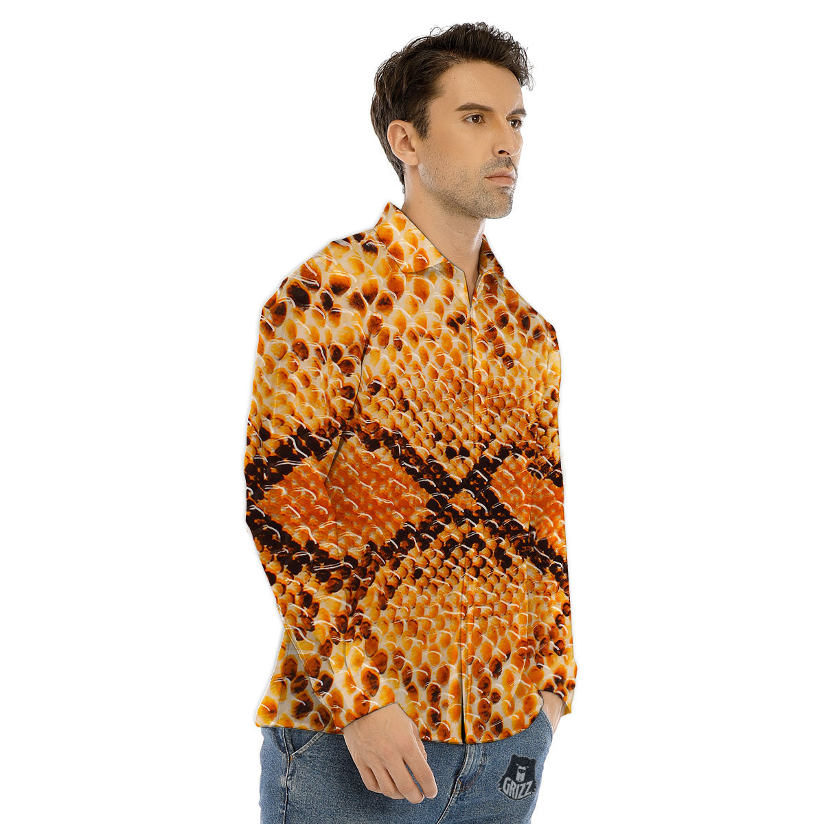 Snakeskin Yellow And Brown Print Men's Dress Shirts-grizzshop