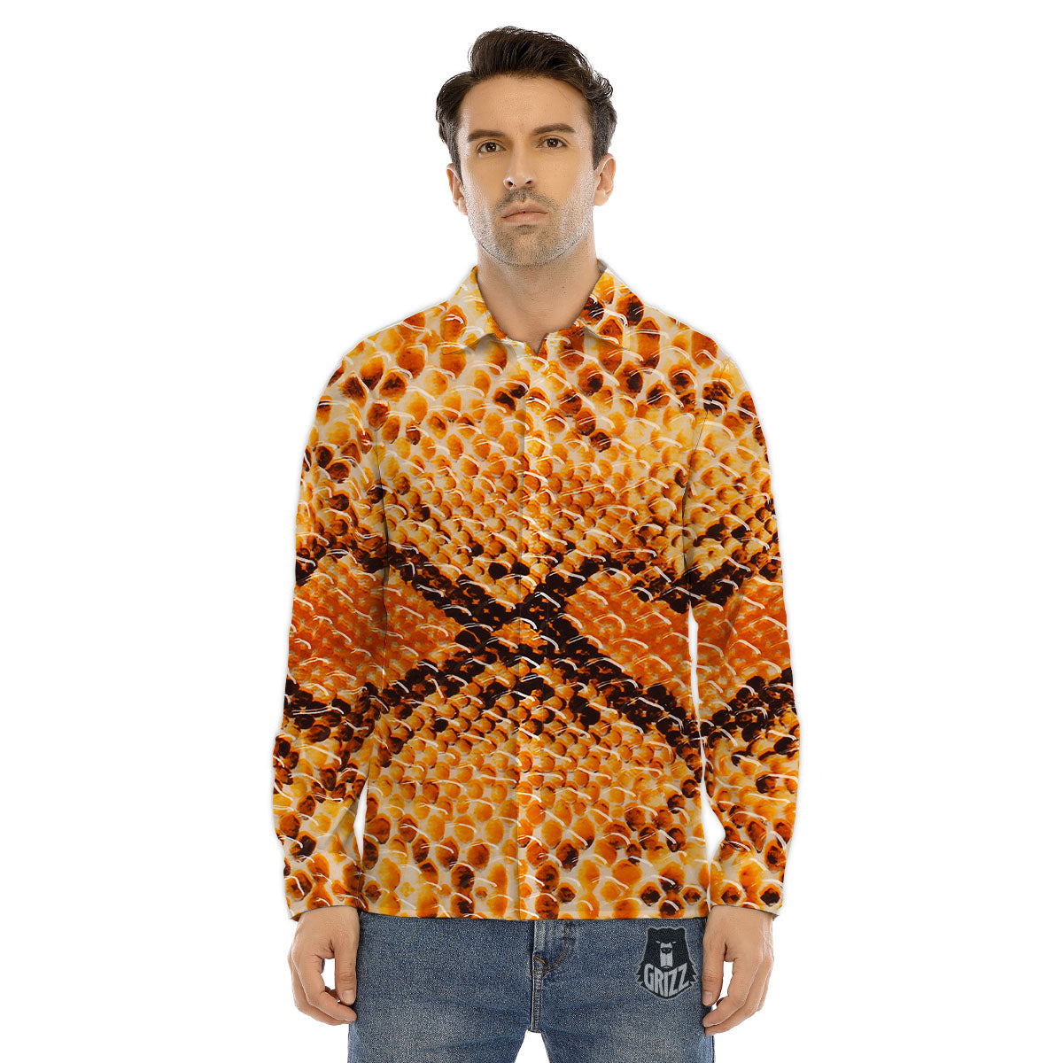 Snakeskin Yellow And Brown Print Men's Dress Shirts-grizzshop
