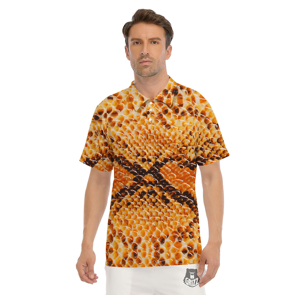 Snakeskin Yellow And Brown Print Men's Golf Shirts-grizzshop