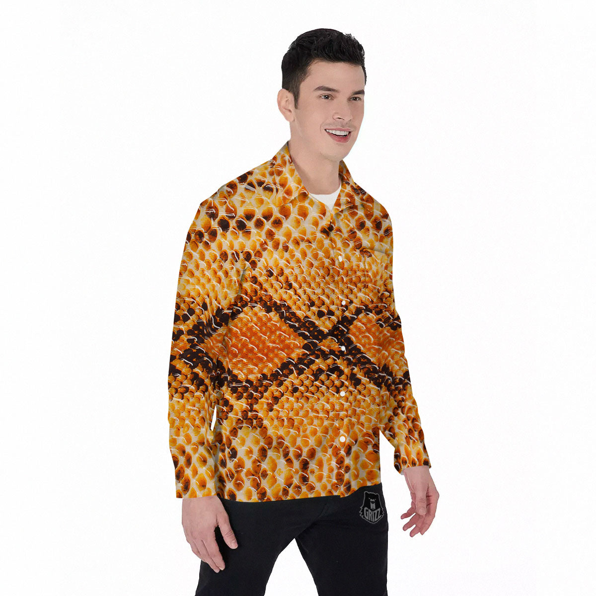 Snakeskin Yellow And Brown Print Men's Long Sleeve Shirts-grizzshop