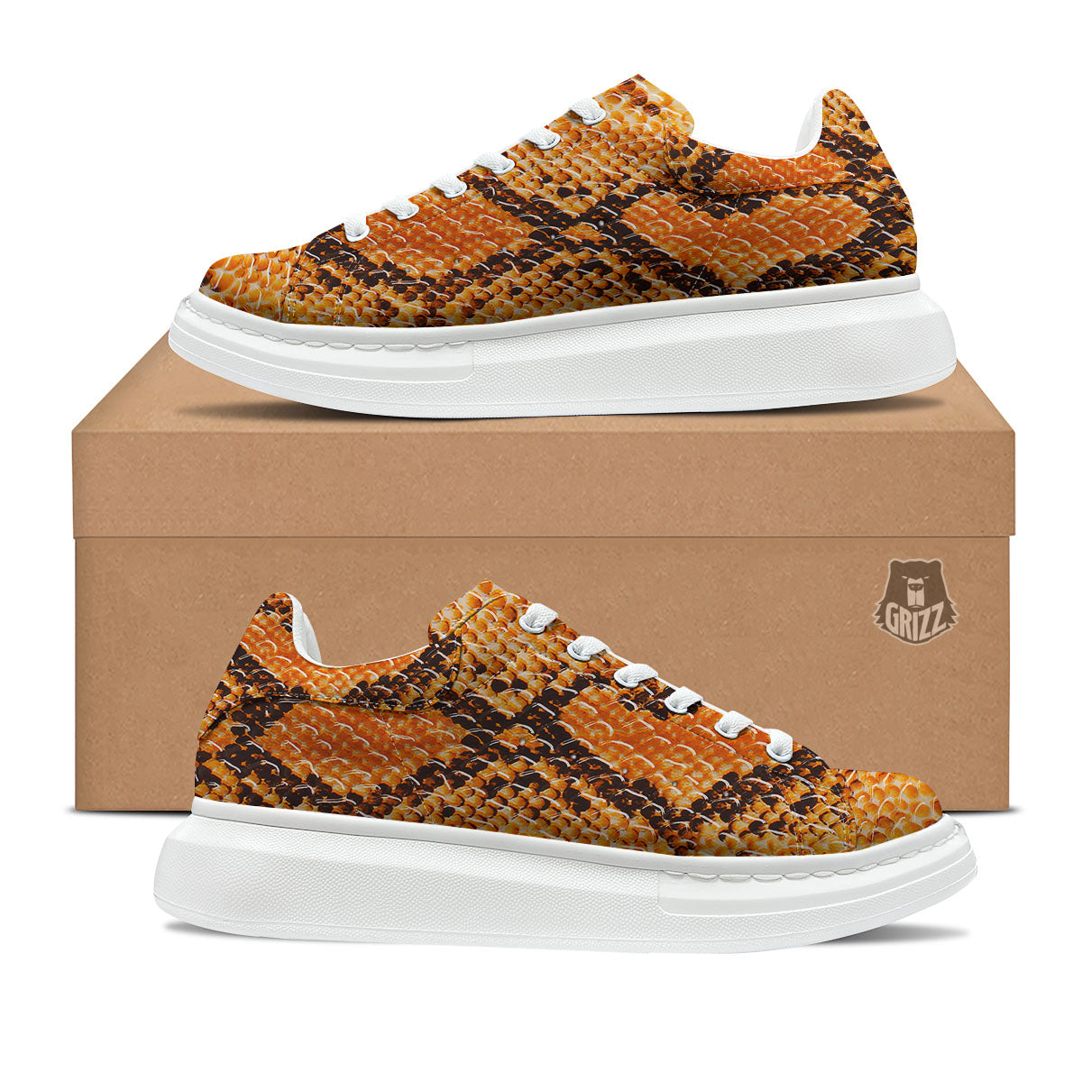 Snakeskin Yellow And Brown Print Platform Shoes-grizzshop