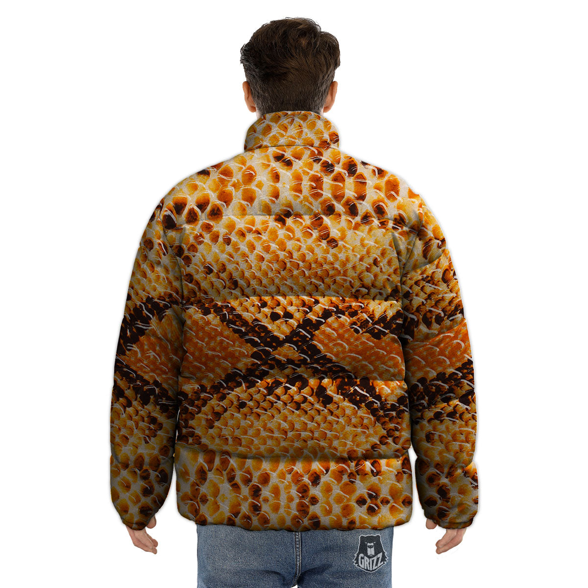 Snakeskin Yellow And Brown Print Puffer Jacket-grizzshop