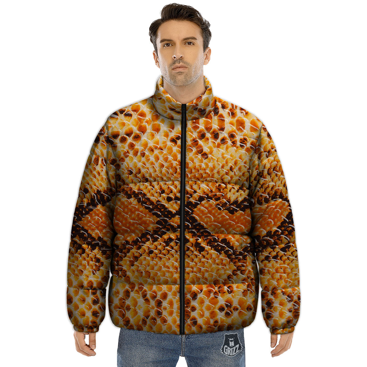 Snakeskin Yellow And Brown Print Puffer Jacket-grizzshop