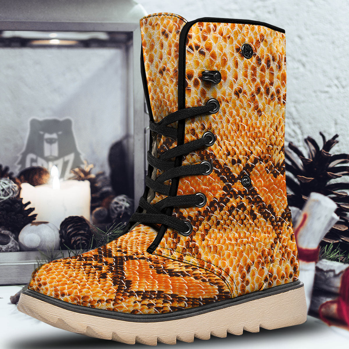 Snakeskin Yellow And Brown Print Snow Boots-grizzshop