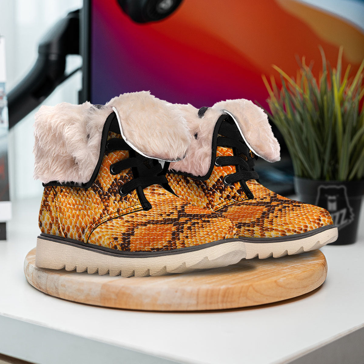 Snakeskin Yellow And Brown Print Snow Boots-grizzshop