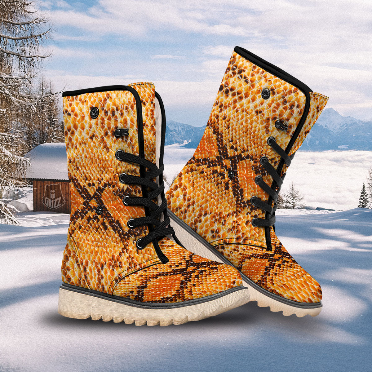 Snakeskin Yellow And Brown Print Snow Boots-grizzshop