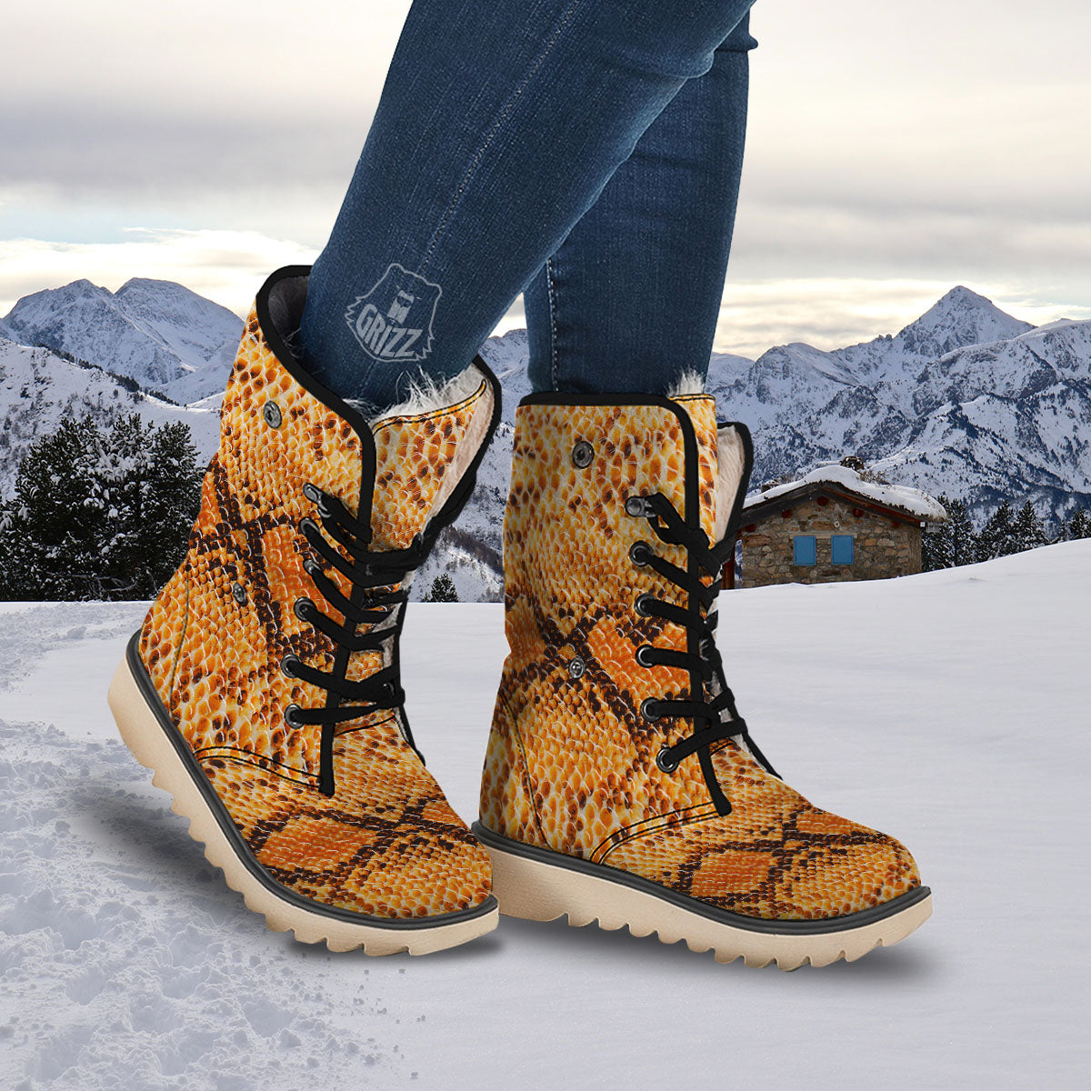 Snakeskin Yellow And Brown Print Snow Boots-grizzshop