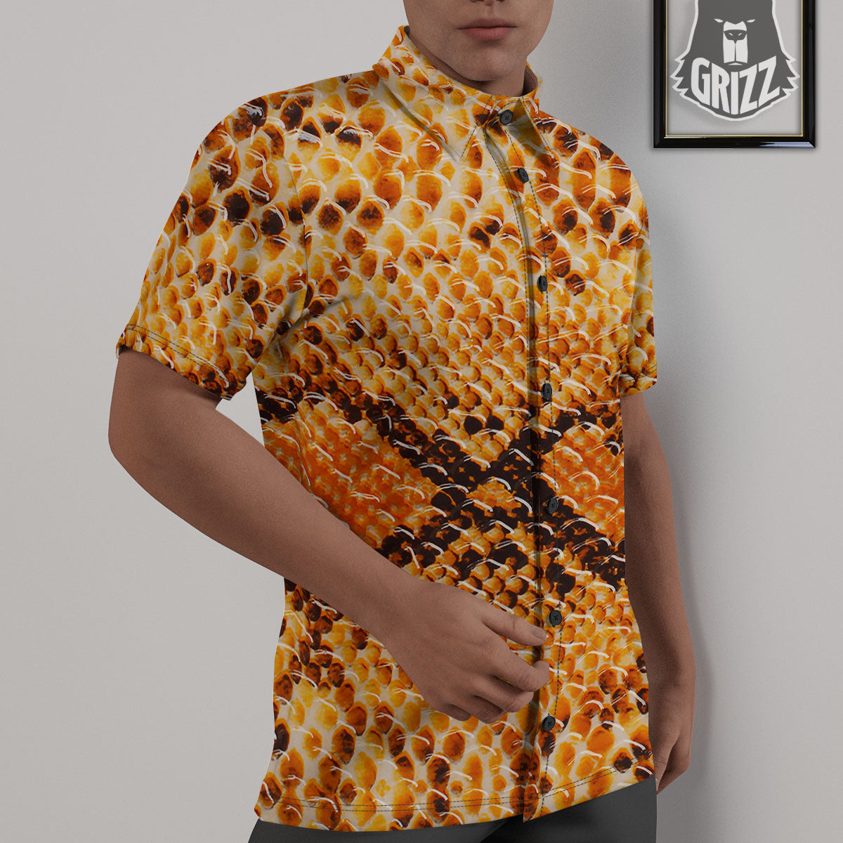 Snakeskin Yellow And Brown Print Untucked Shirts-grizzshop