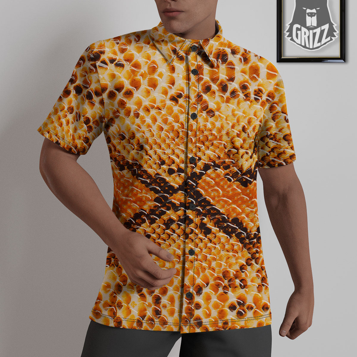 Snakeskin Yellow And Brown Print Untucked Shirts-grizzshop