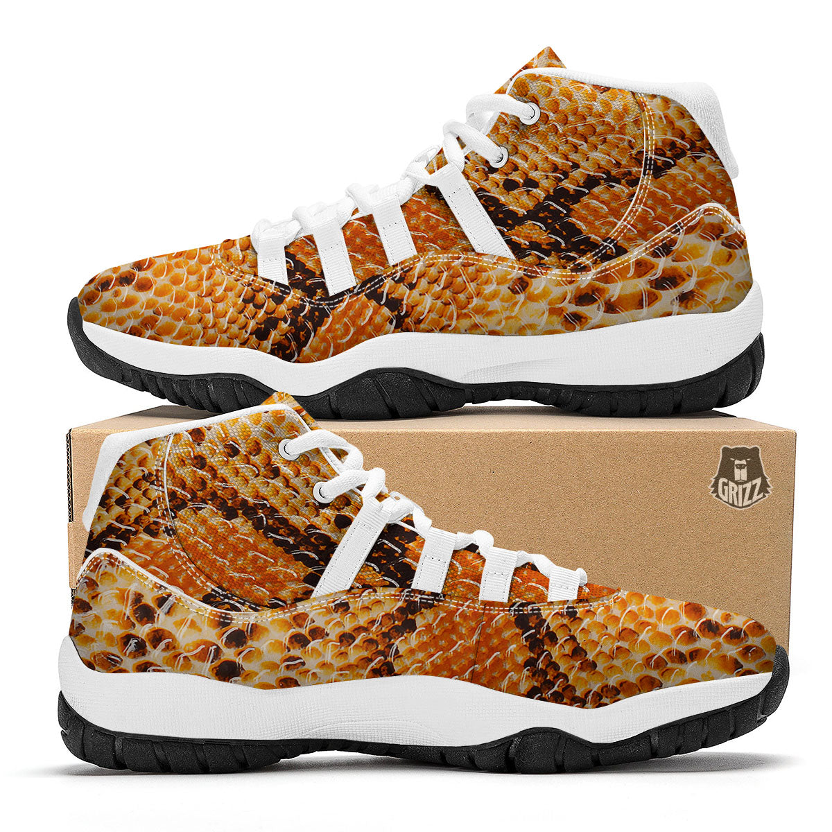 Snakeskin Yellow And Brown Print White Bball Shoes-grizzshop