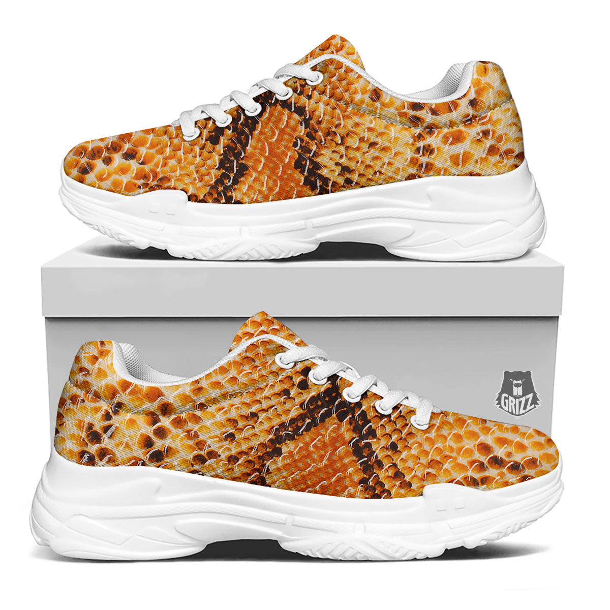 Snakeskin Yellow And Brown Print White Chunky Shoes-grizzshop