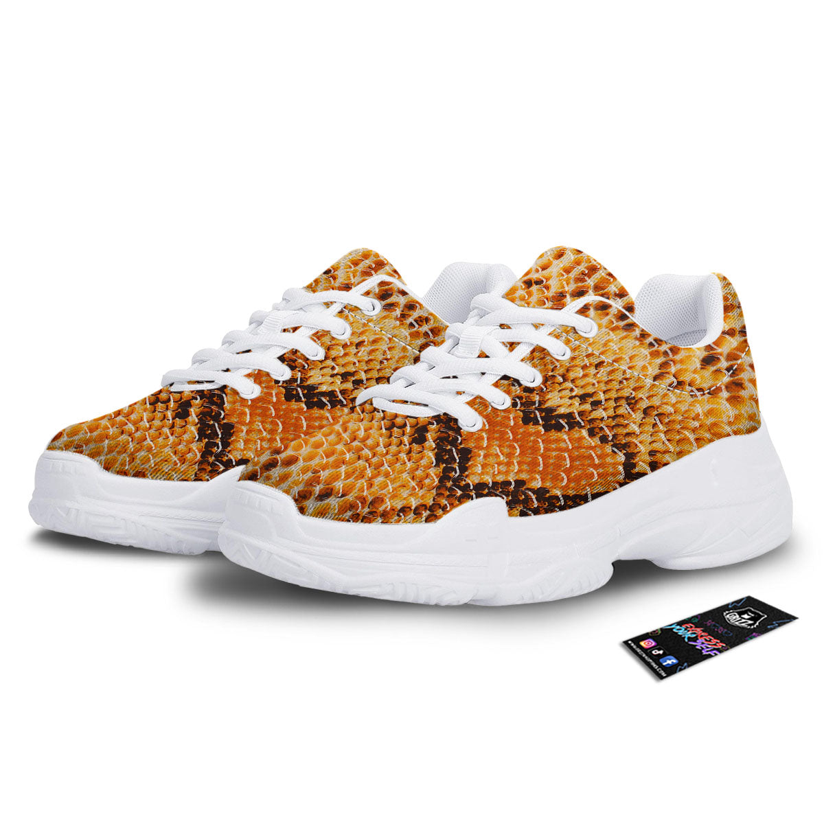 Snakeskin Yellow And Brown Print White Chunky Shoes-grizzshop