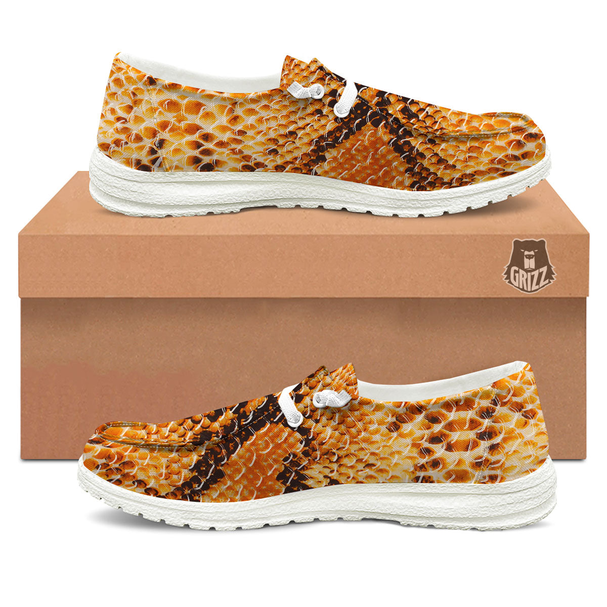 Snakeskin Yellow And Brown Print White Loafers-grizzshop