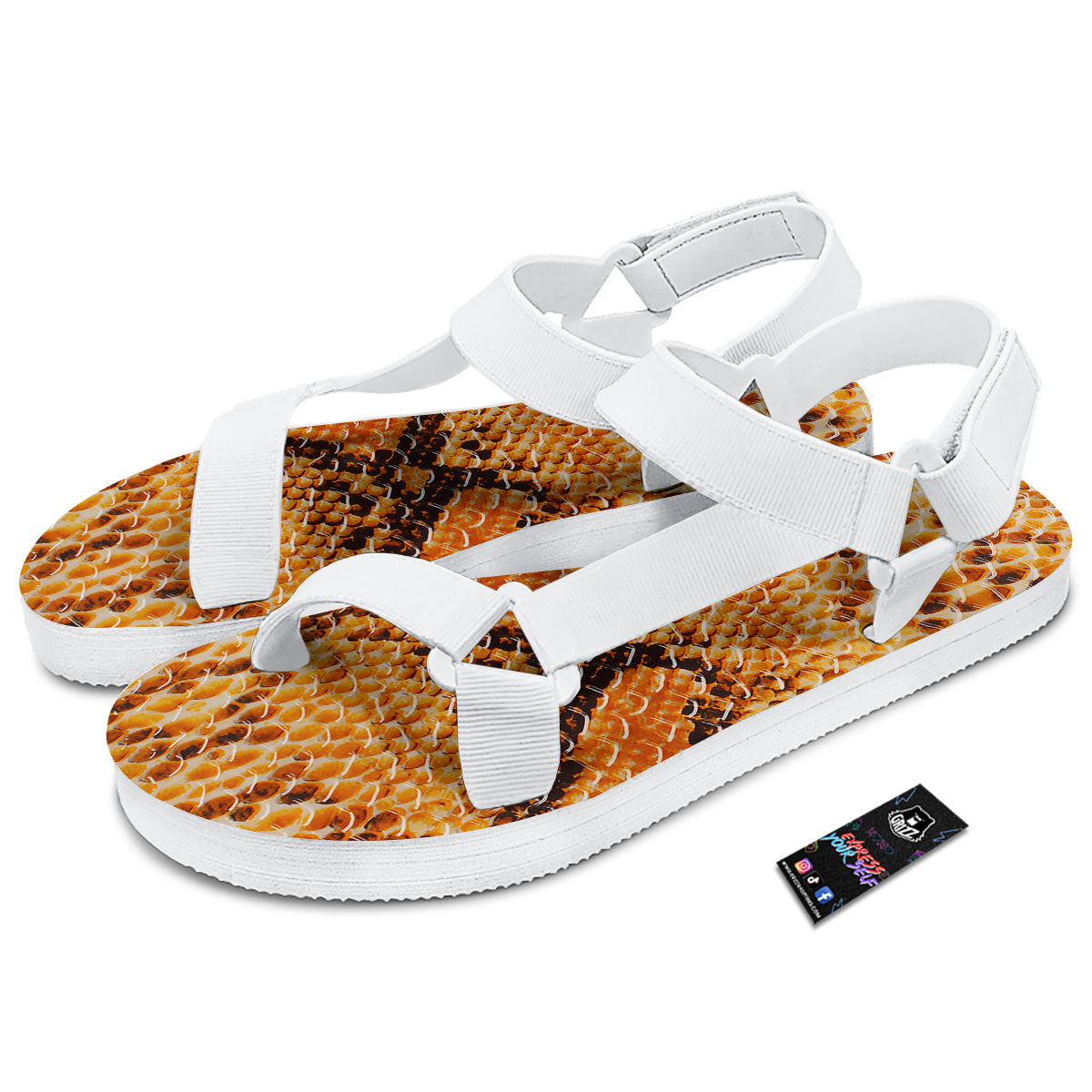 Snakeskin Yellow And Brown Print White Open Toe Sandals-grizzshop