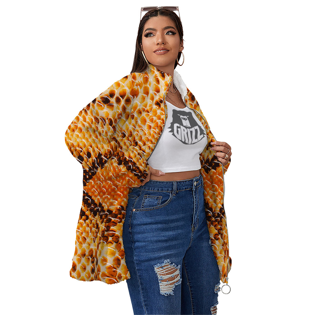Snakeskin Yellow And Brown Print Women's Sherpa Jacket-grizzshop