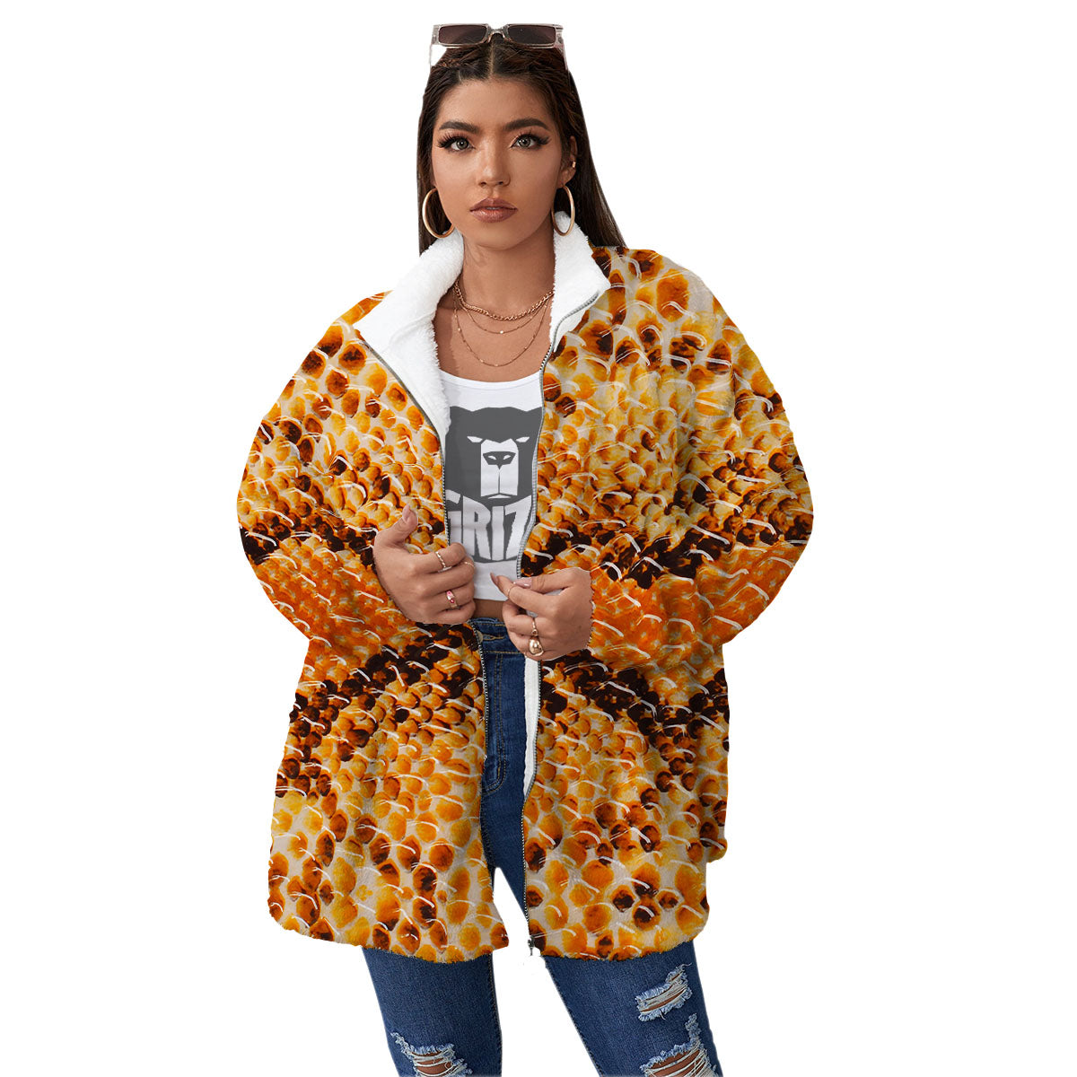 Snakeskin Yellow And Brown Print Women's Sherpa Jacket-grizzshop