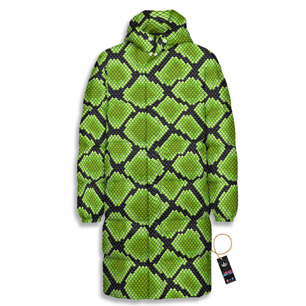 Snakeskin Black And Neon Green Print Long Down Jacket
