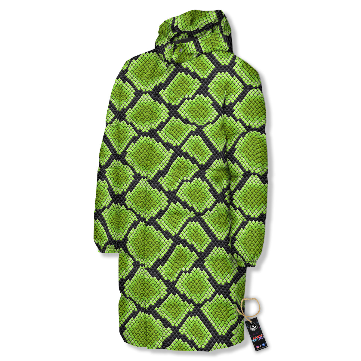 Snakeskin Black And Neon Green Print Long Down Jacket