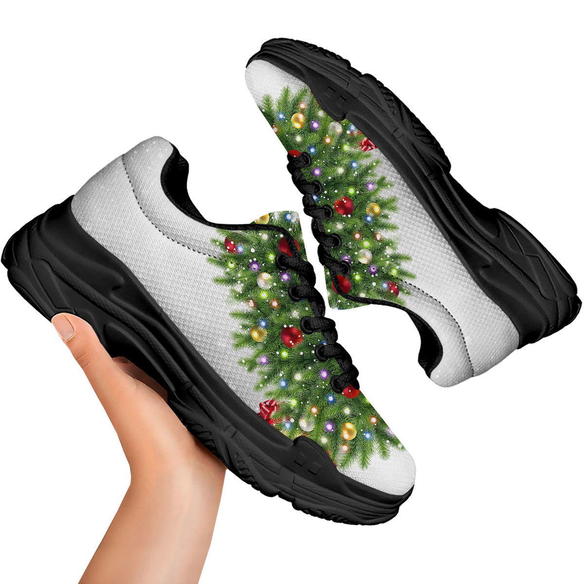 Snow And Christmas Tree Print Black Chunky Shoes-grizzshop