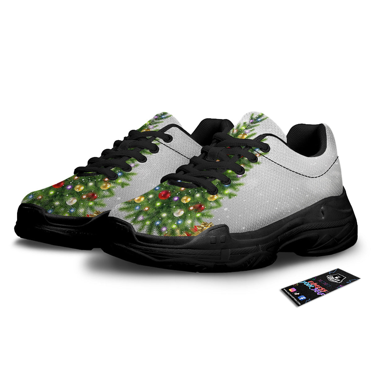 Snow And Christmas Tree Print Black Chunky Shoes-grizzshop
