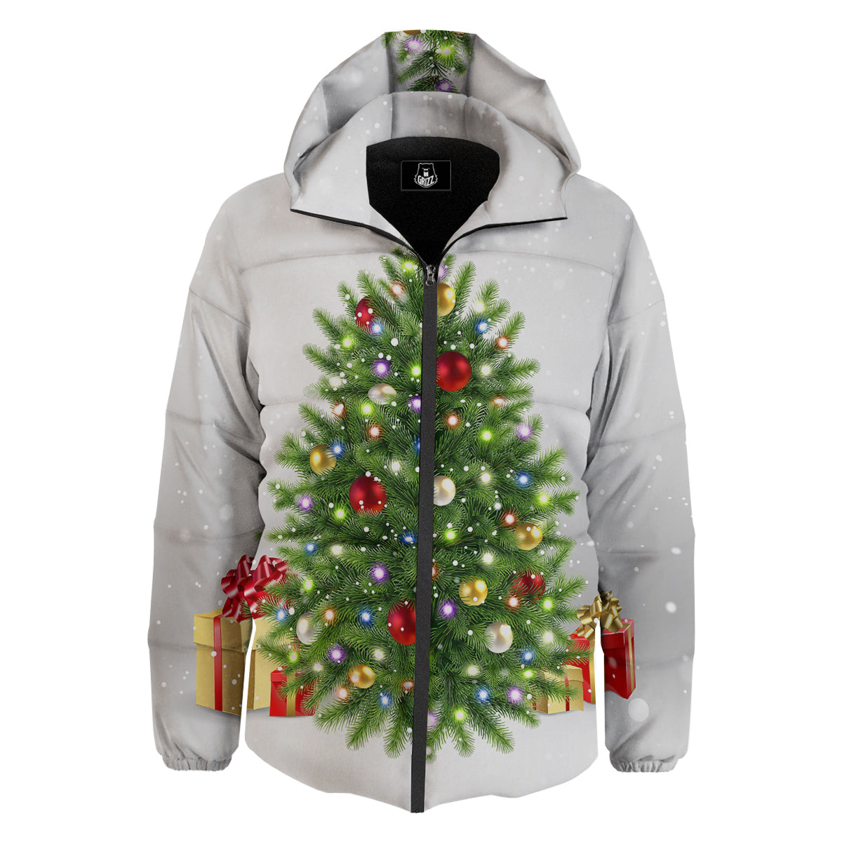 Snow And Christmas Tree Print Down Jacket-grizzshop
