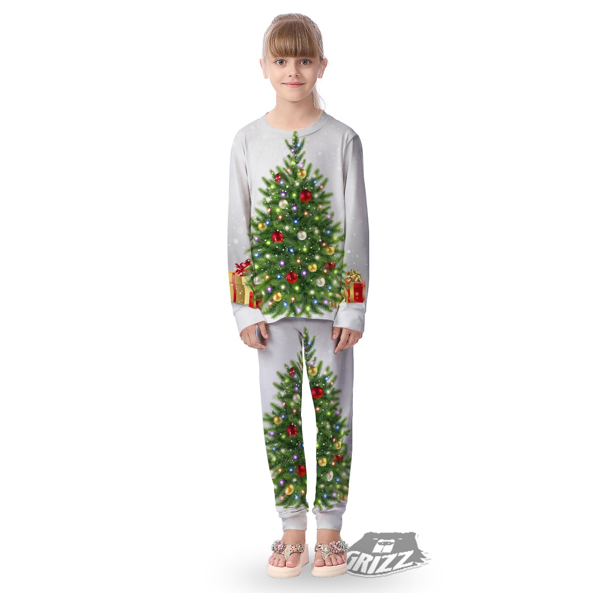 Snow And Christmas Tree Print Kid's Pajamas-grizzshop