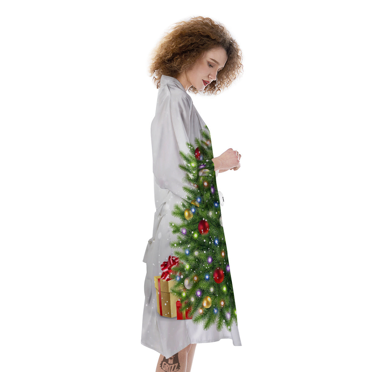 Snow And Christmas Tree Print Kimono-grizzshop
