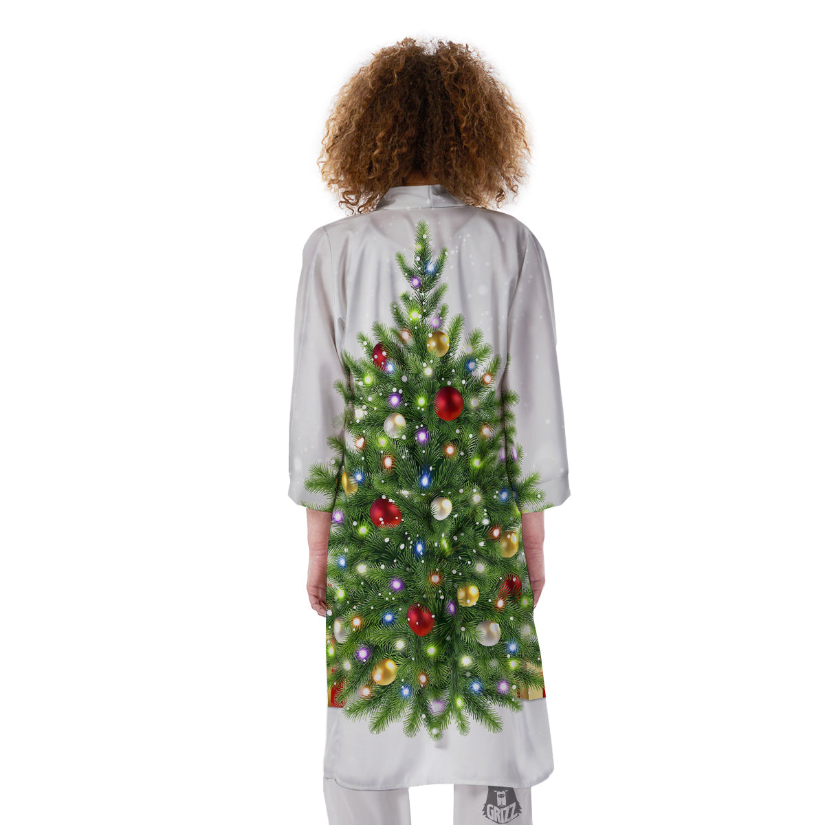 Snow And Christmas Tree Print Kimono-grizzshop