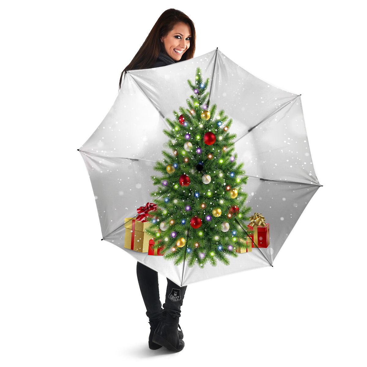 Snow And Christmas Tree Print Umbrella-grizzshop