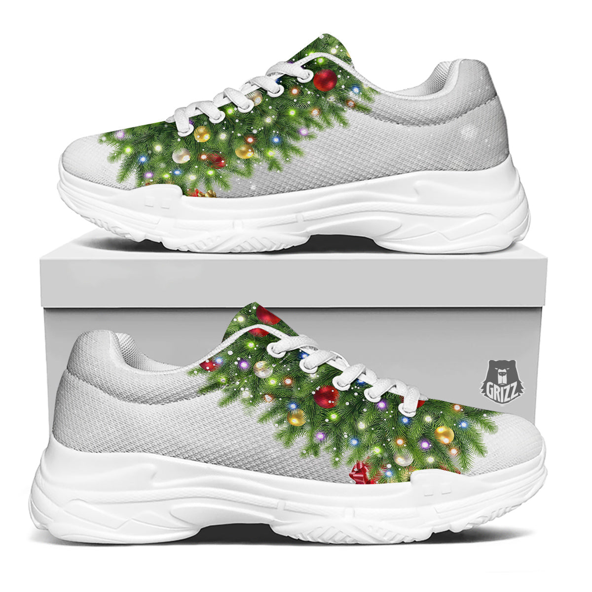 Snow And Christmas Tree Print White Chunky Shoes-grizzshop