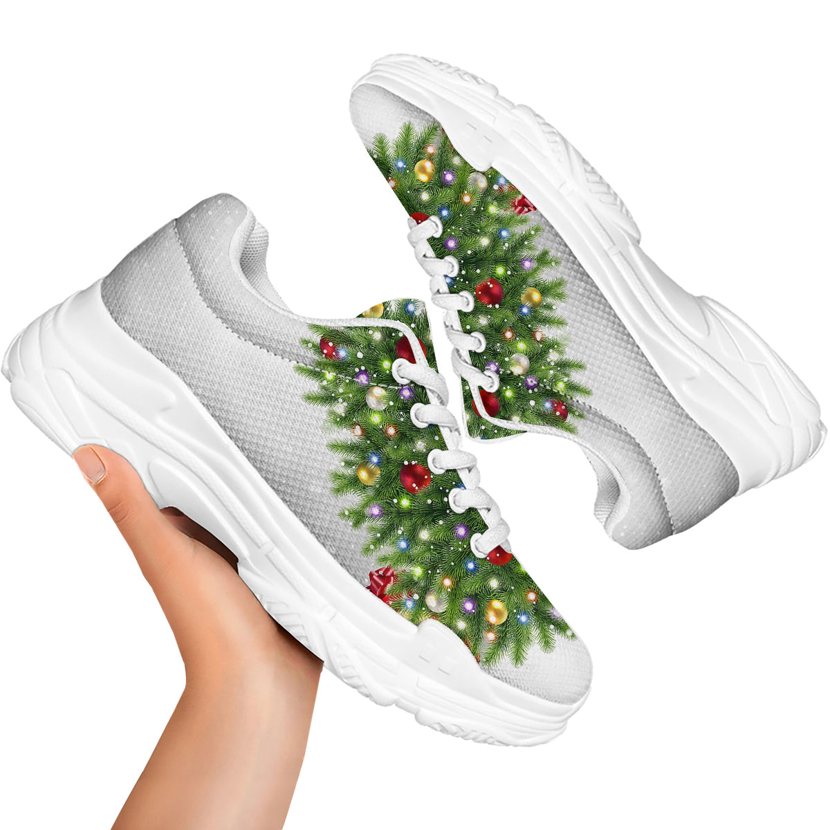 Snow And Christmas Tree Print White Chunky Shoes-grizzshop