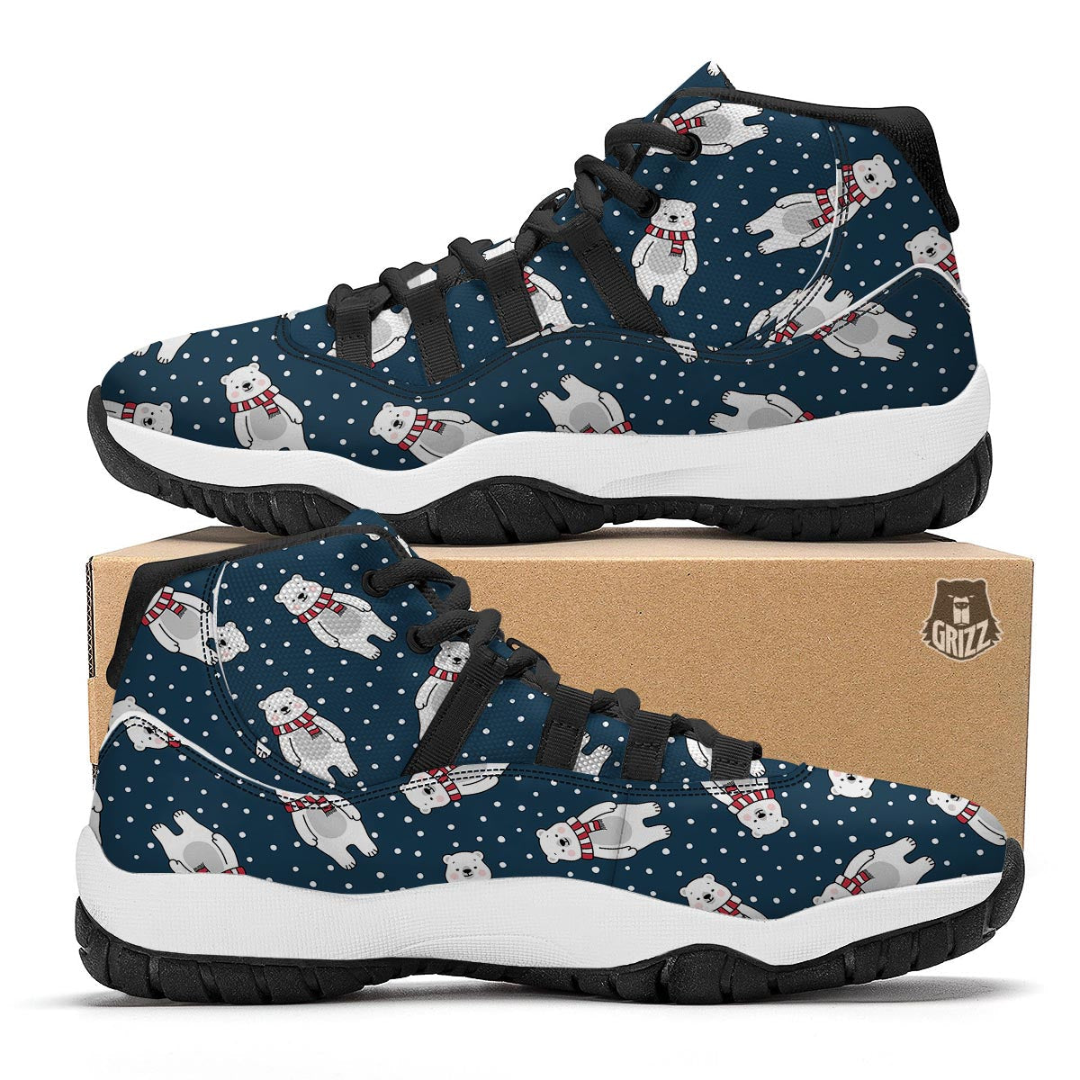 Snow Polar Bear Christmas Pattern Print Black Bball Shoes-grizzshop