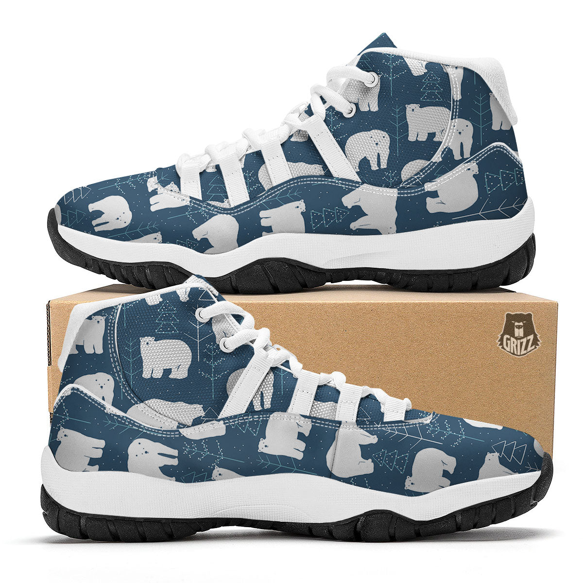 Snow Polar Bear Christmas Tree Pattern Print White Bball Shoes-grizzshop