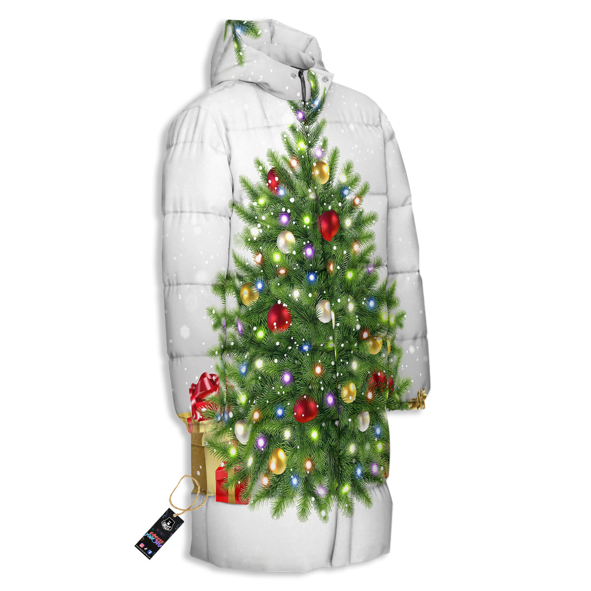 Snow And Christmas Tree Print Long Down Jacket