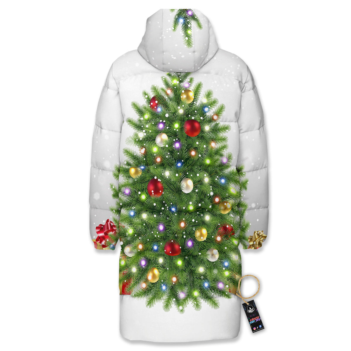 Snow And Christmas Tree Print Long Down Jacket