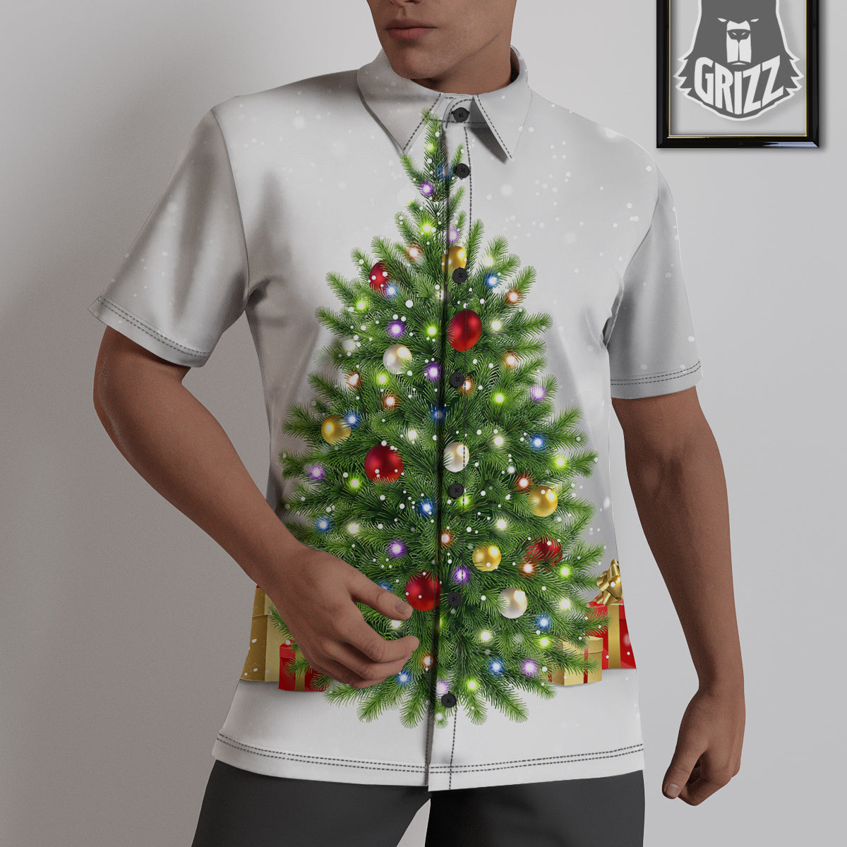 Snow And Christmas Tree Print Untucked Shirts-grizzshop