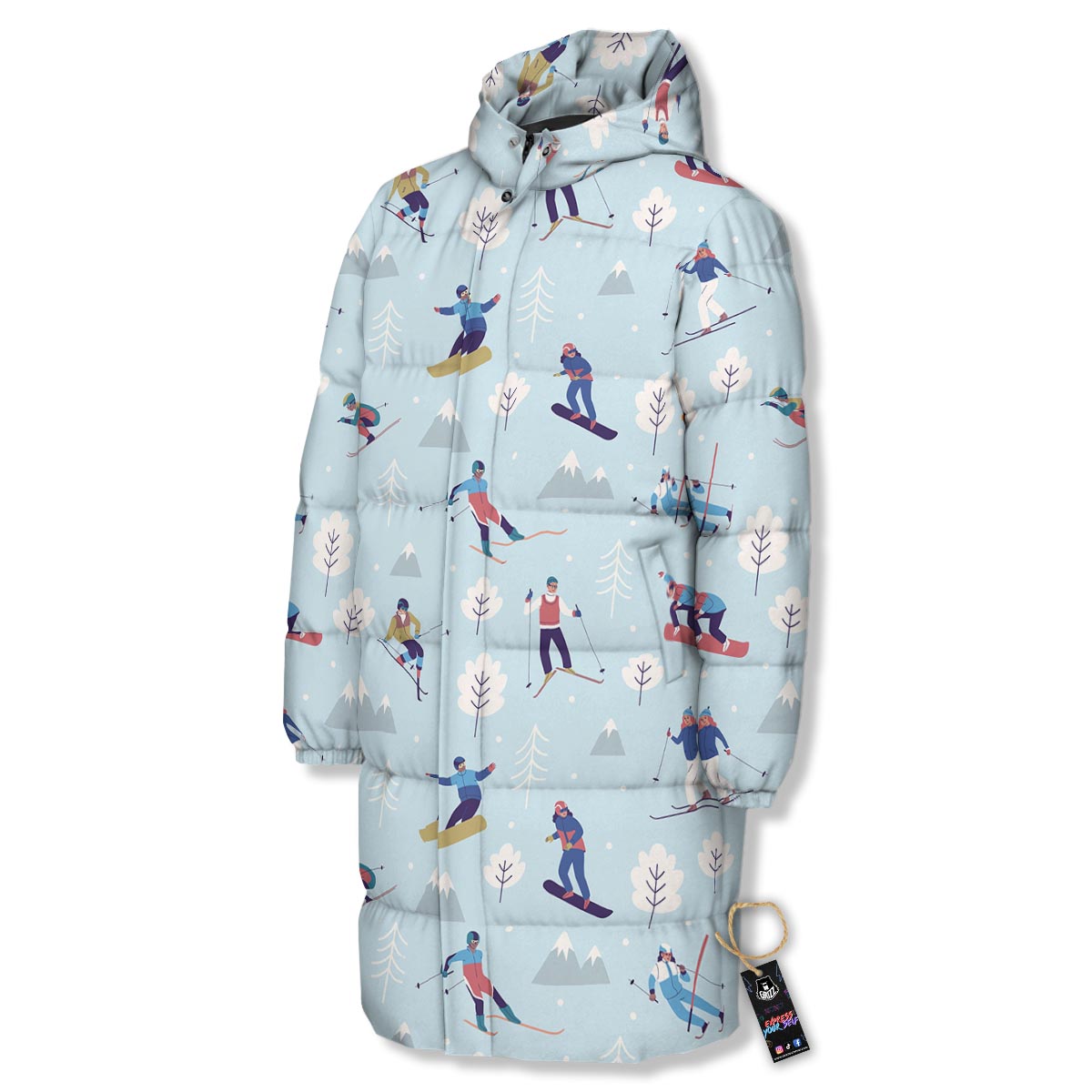 Snowboard And Ski Print Pattern Long Down Jacket-grizzshop