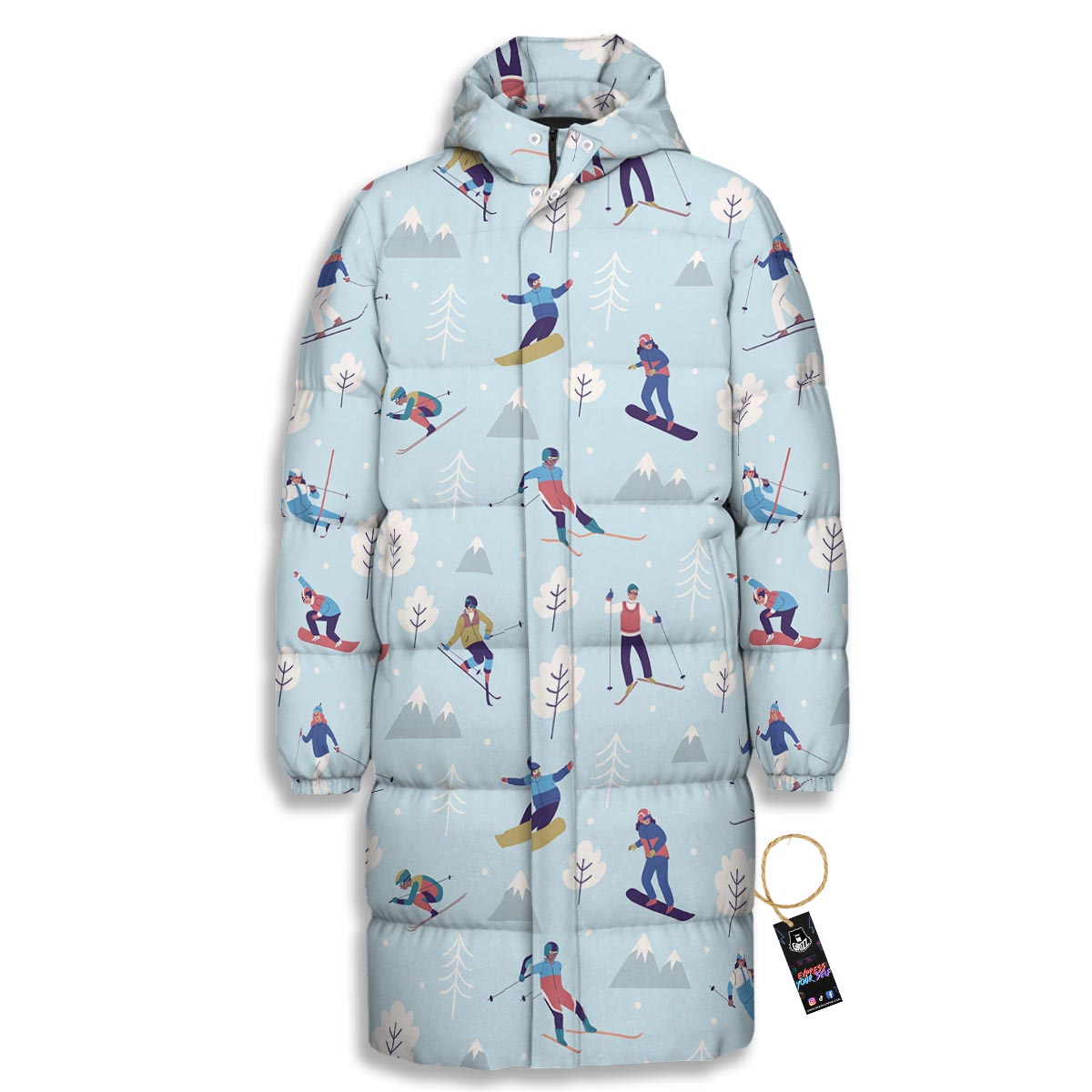 Snowboard And Ski Print Pattern Long Down Jacket-grizzshop