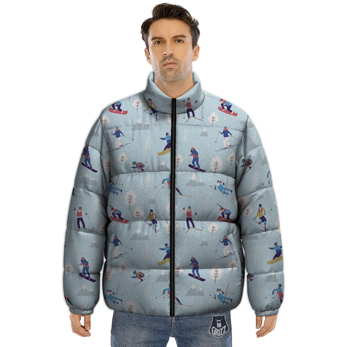 Snowboard And Ski Print Pattern Puffer Jacket-grizzshop