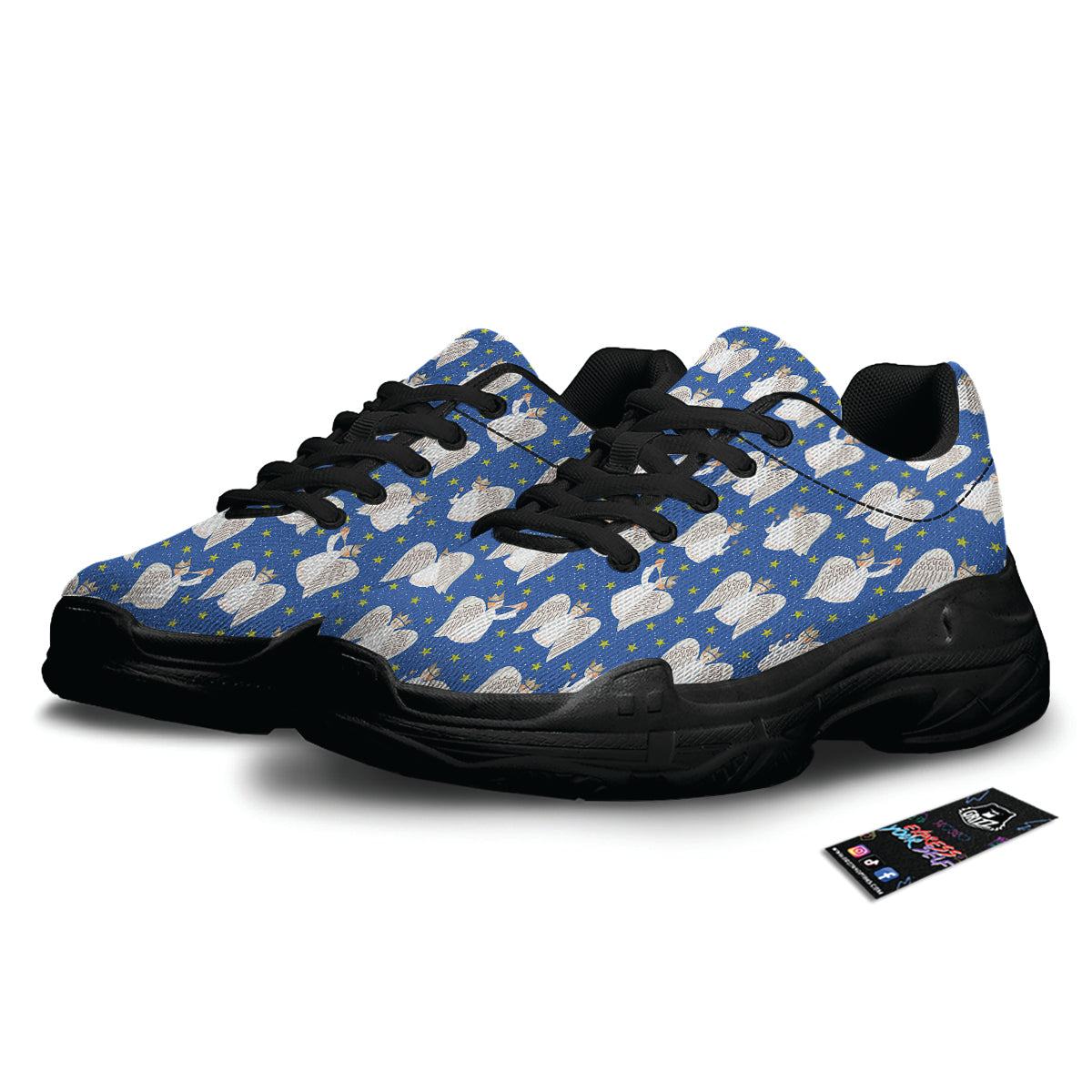 Snowflake And Angel Print Pattern Black Chunky Shoes-grizzshop