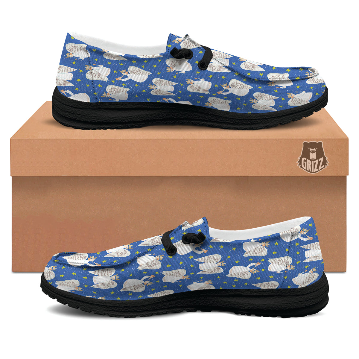 Snowflake And Angel Print Pattern Black Loafers-grizzshop