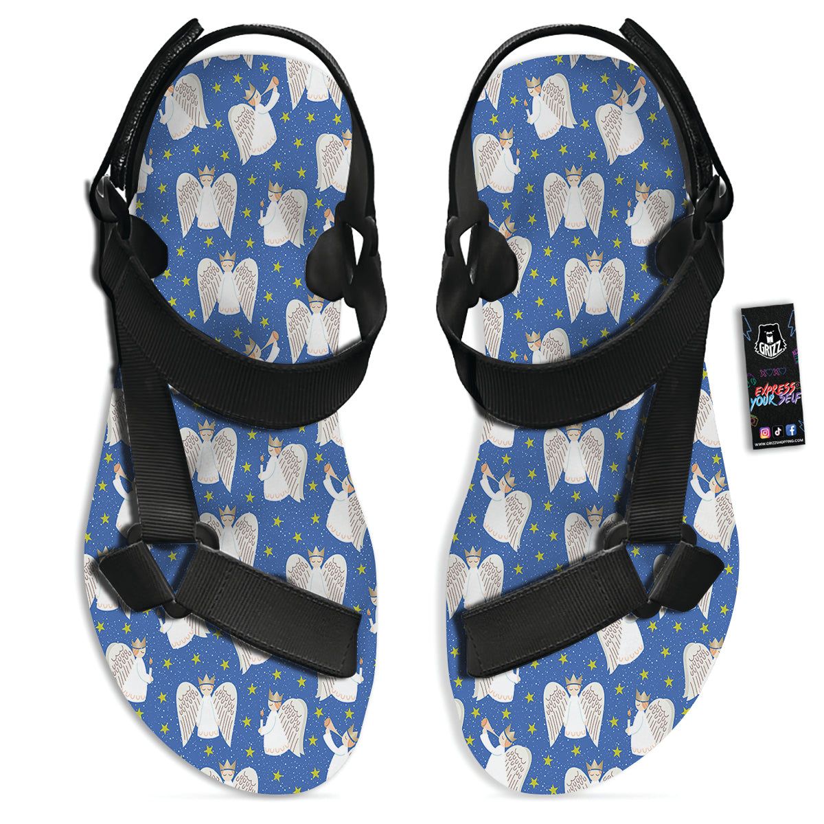 Snowflake And Angel Print Pattern Black Open Toe Sandals-grizzshop