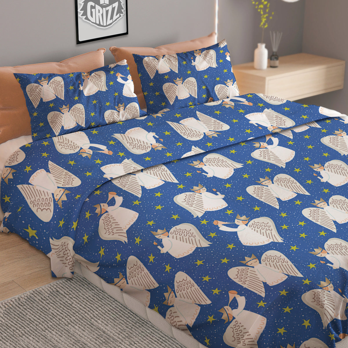 Snowflake And Angel Print Pattern Duvet Cover Bedding Set