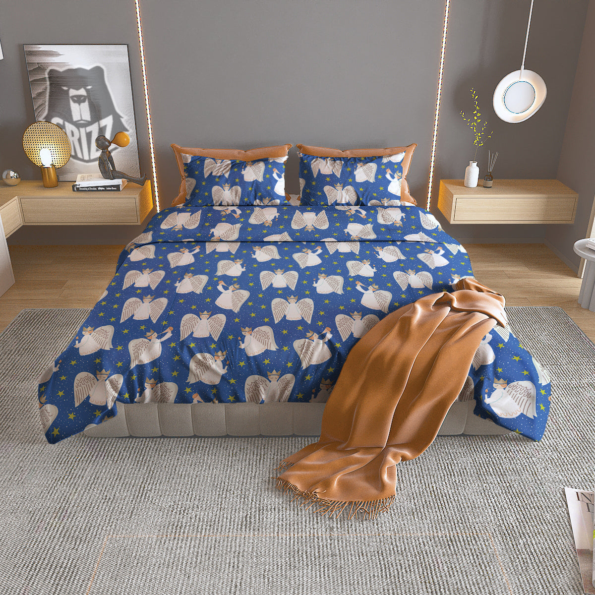Snowflake And Angel Print Pattern Duvet Cover Bedding Set