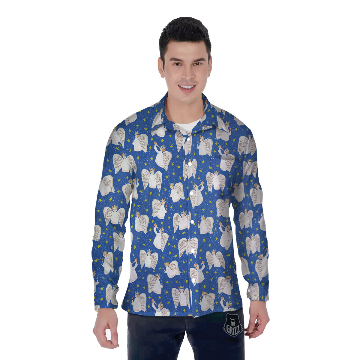 Snowflake And Angel Print Pattern Men's Long Sleeve Shirts-grizzshop