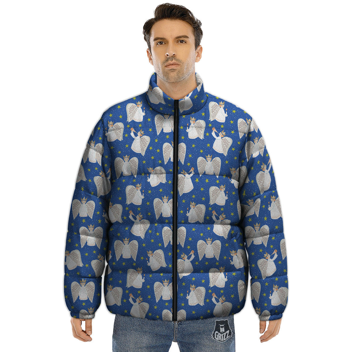 Snowflake And Angel Print Pattern Puffer Jacket-grizzshop