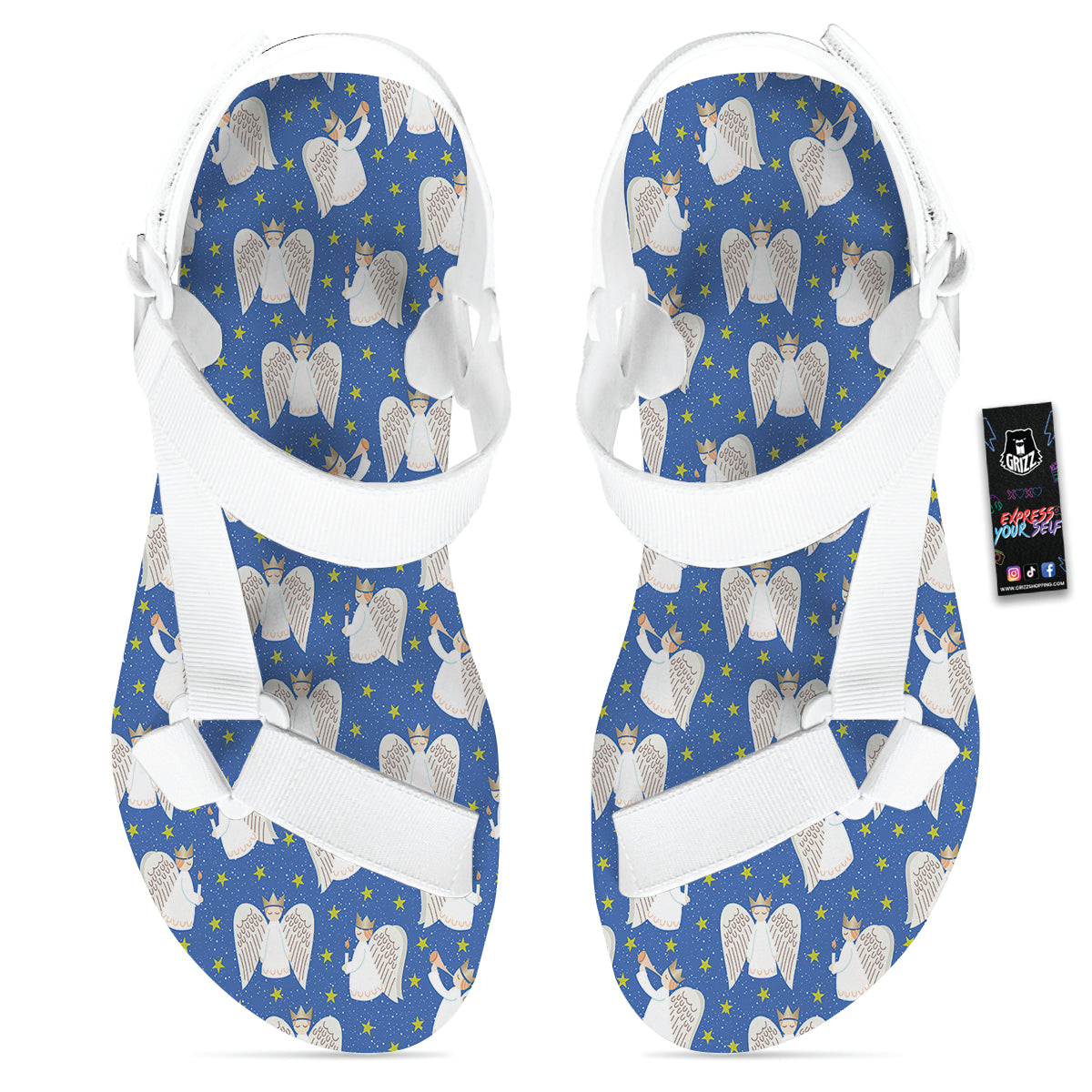 Snowflake And Angel Print Pattern White Open Toe Sandals-grizzshop