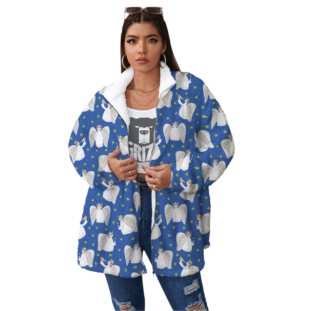 Snowflake And Angel Print Pattern Women's Sherpa Jacket-grizzshop